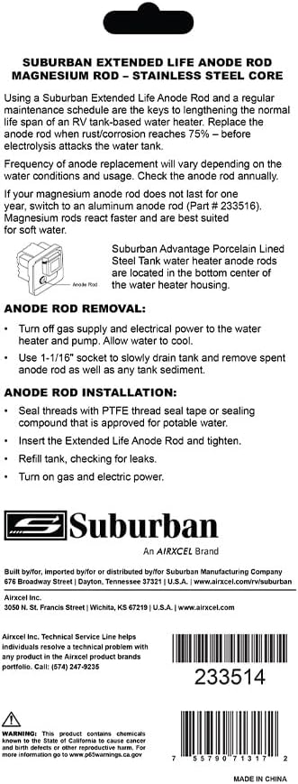 Suburban MFG Magnesium Anode Rod for Water Heaters, Extends the Life of Your Hot Water Tank, Easy Install (233514)